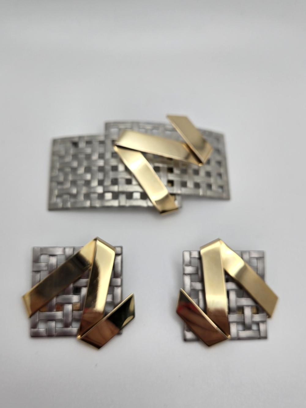 Vintage Brooch and Clip-On Earrings Set Two Tone Woven